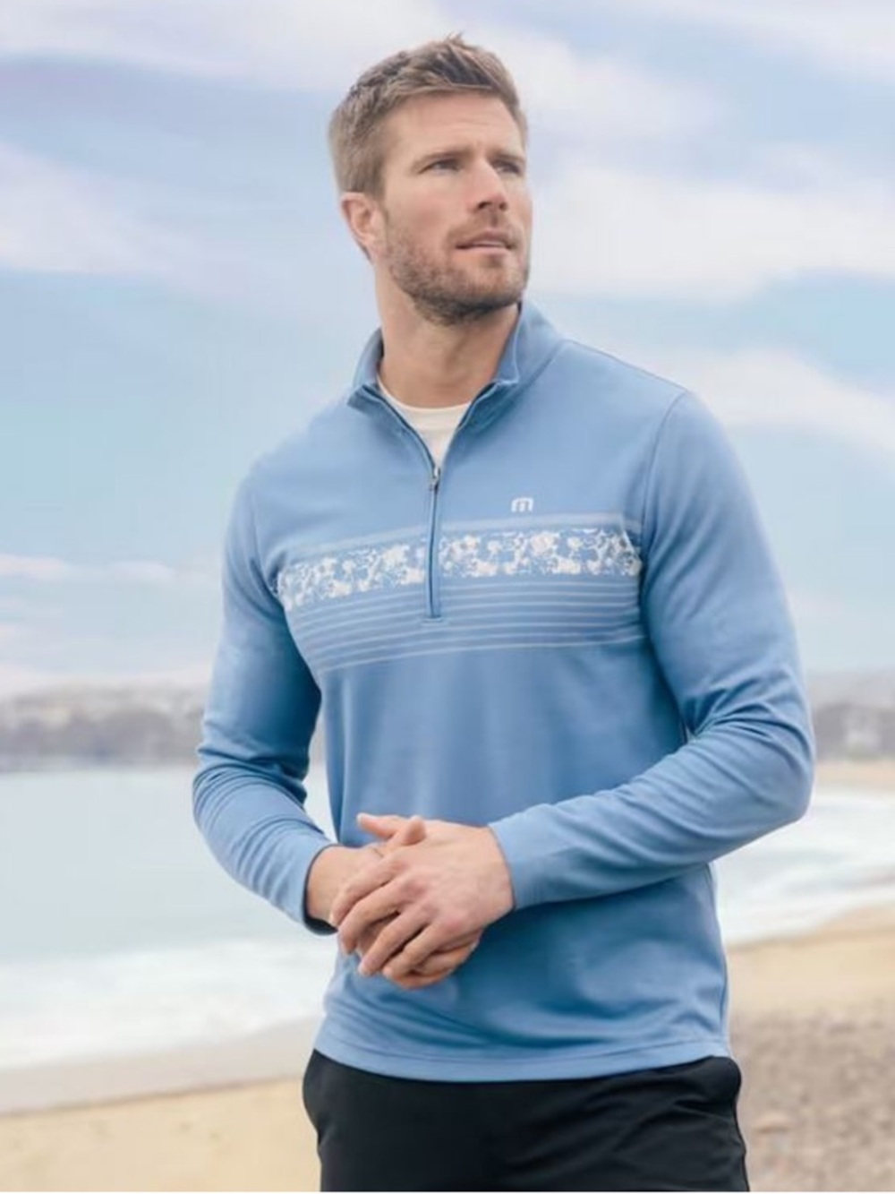 Travis Mathew Men’s Sky Blue Quarter-Zip Pullover with Chest Stripe